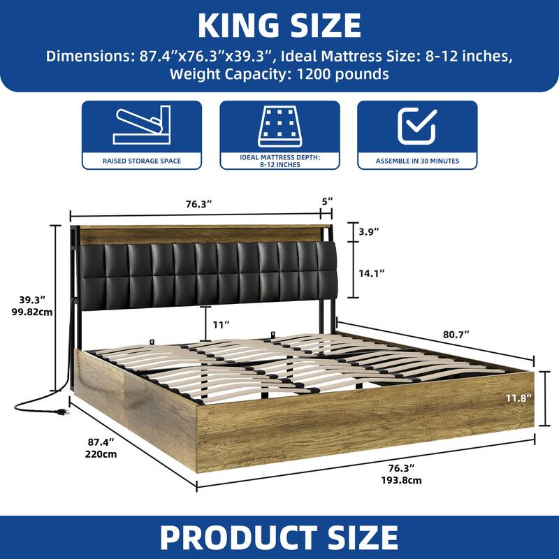 Moasis Lift-Up Storage Bed Frame with Charging Station & Storage Headboard