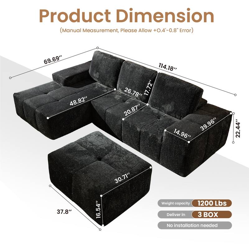 HOOOWOOO Modern Sparkly Velvet Fabric Chaise Sofa Couch with Ottoman