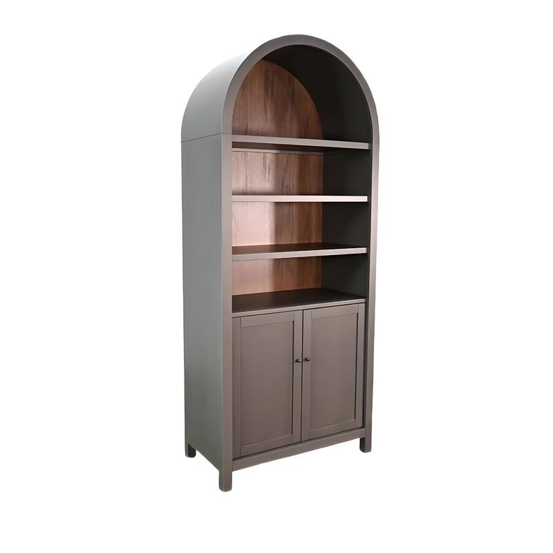Xeny Arched Display Cabinet, 3 Shelves w 2 Doors, Gray Mahogany Wood
