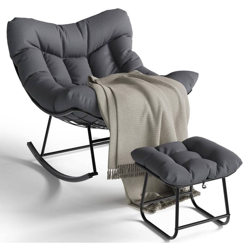 Outdoor Rocking Chair, Oversized Patio Wicker Egg Chair for Balcony Garden with Ottoman - N/A