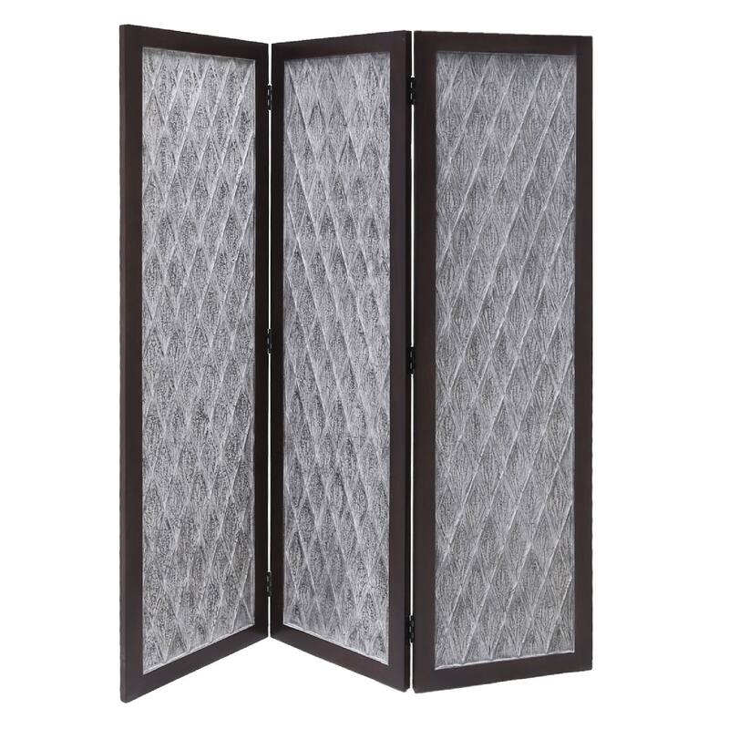 Wooden 3 Panel Room Divider with Textured Diamond Pattern, Gray and Black