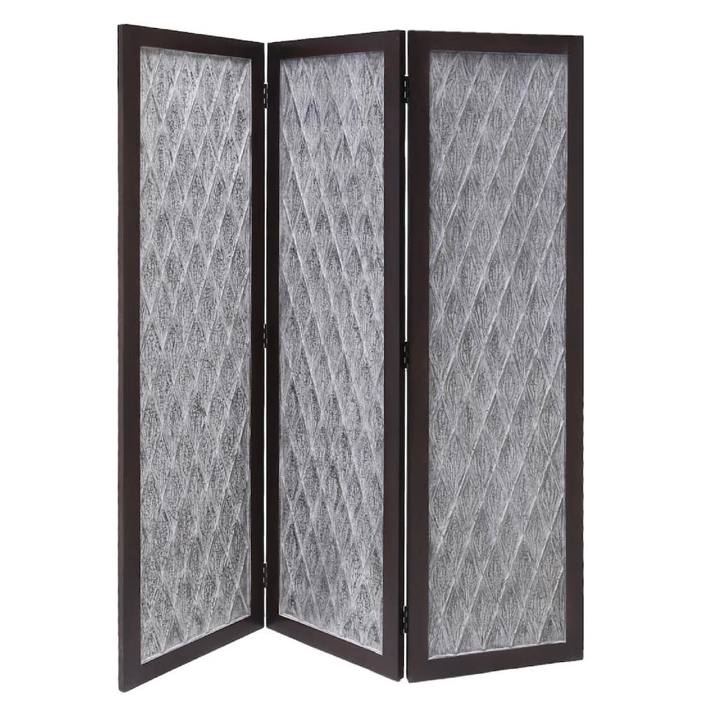 Wooden 3 Panel Room Divider with Textured Diamond Pattern, Gray and Black