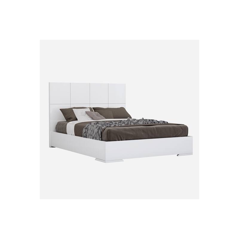 Queen Size Platform Bed - Modern Square Headboard, High Gloss White Finish - Adventure Bed