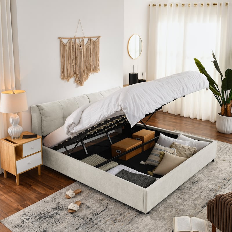Low-Profile Platform Bed King Size Beige Chenille Hydraulic Storage Bed Frame with Integrated Upholstered Headboard