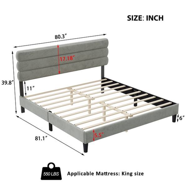 King Size Platform Bed Frame w/ Headboard & Wooden Slats Support for Kids Teens Adults No Box Spring, Easy Assembly, LIGHT GREY