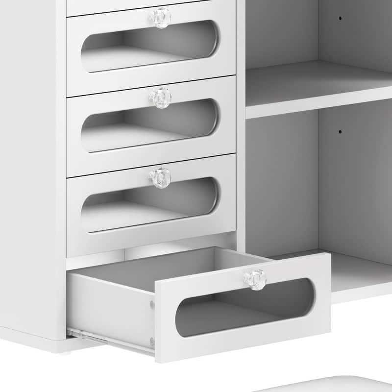 Moasis 5 Drawers L-Shape Nail Desk Set with Cushioned Stool and LED Light