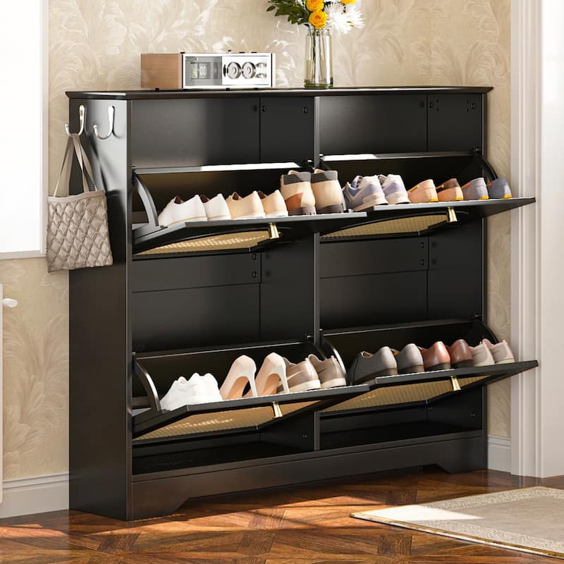 Mid-Century Narrow Design Tipping Bucket Shoe Cabinet with 4 Flip Drawers with Rattan Doors and Hooks