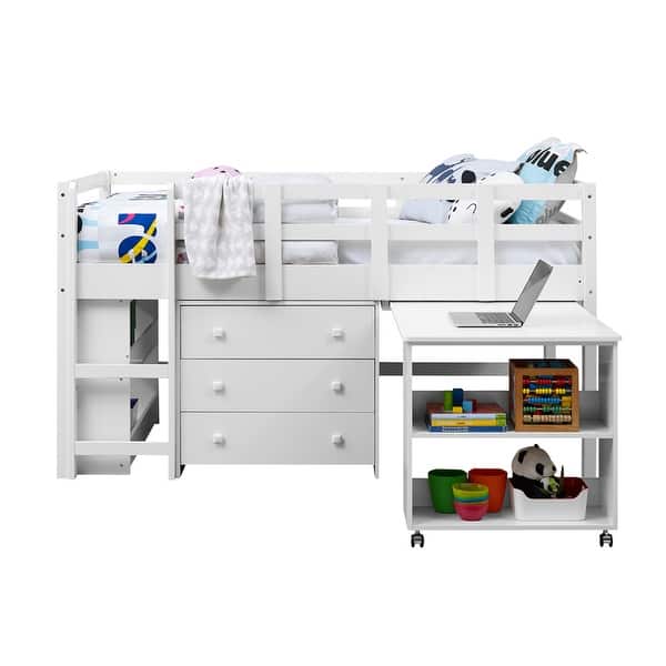 slide 2 of 12, Twin Size Low Loft Bed with Desk and Storage - Kids Pine Wood Loft Bed with Cabinet and Study Space White