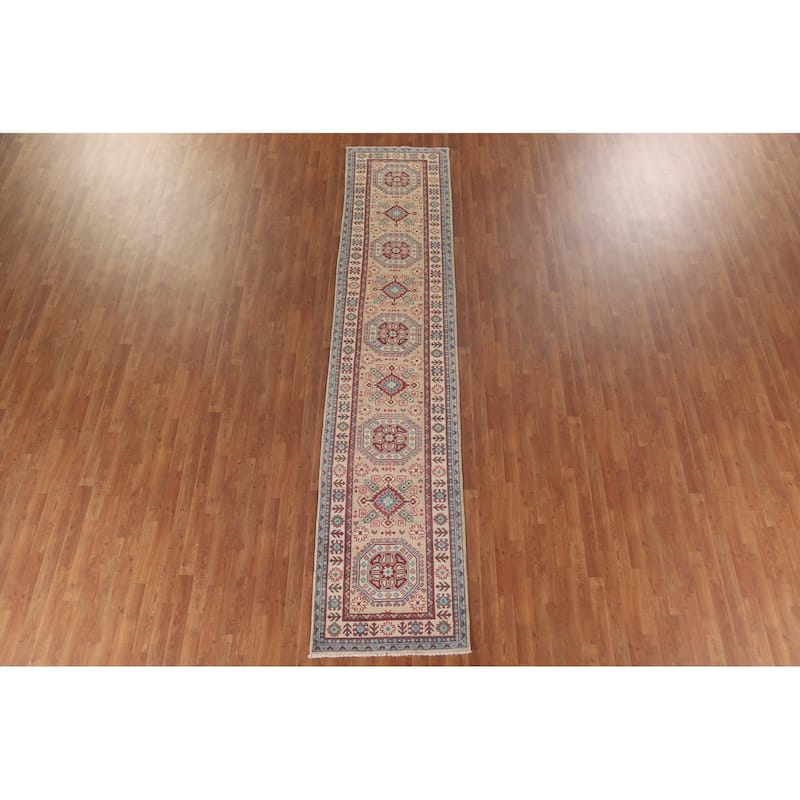 Hand Knotted Oriental 100% Wool Carpet Traditional Geometric Beige & Ivories Kazak Runner Rug - 12' 9'' X 2' 9''