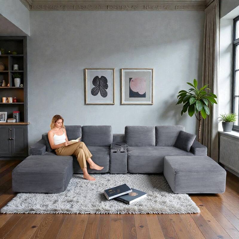 125" L Shaped Sectional Sofa with 2 Ottomans, Cloud Corduroy Couch with Deep Seat, Cup Holders and USB Ports - Grey