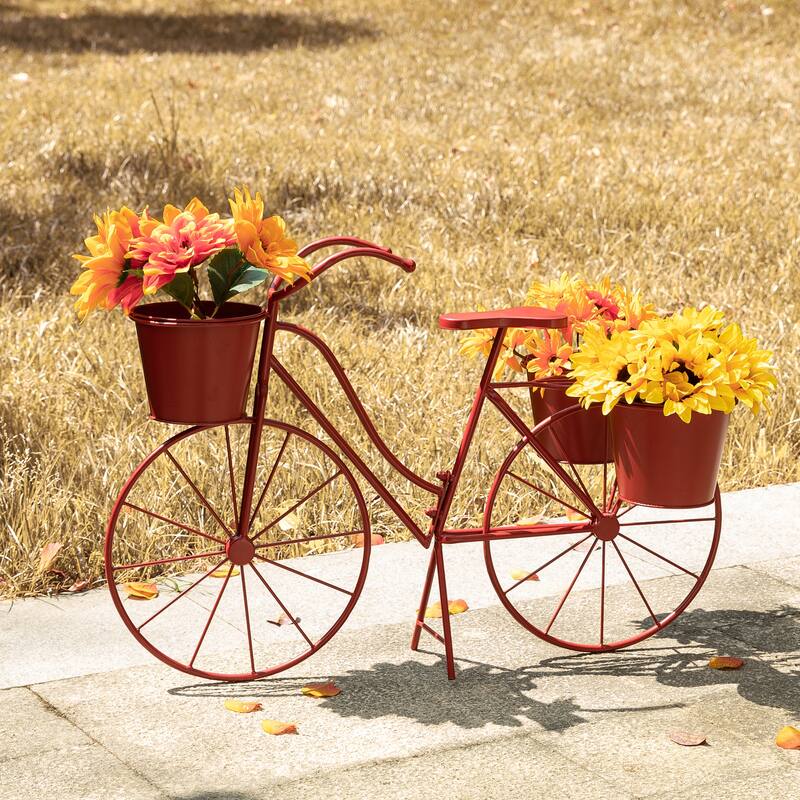 Glitzhome 29"L Spring Oversized Metal Bicycle Planter Stands Garden Flower Pot Cart - Red
