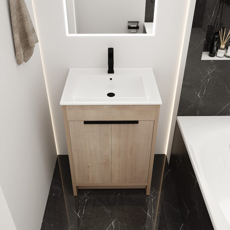24" Freestanding Bathroom Vanity with White Ceramic Sink ,2 Soft-Close Cabinet Doors