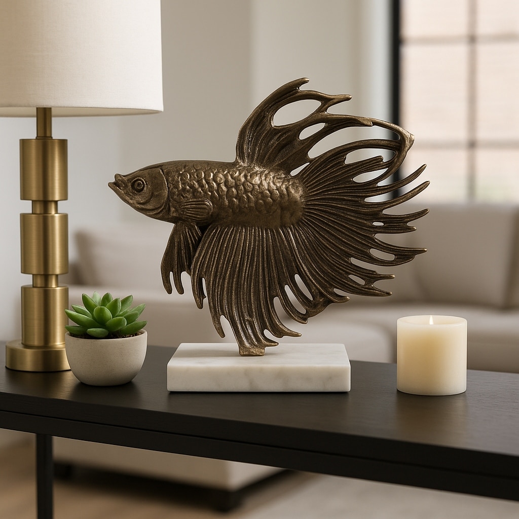 Metal Marble Sculpture Fish Fin Tail Accent for Home Decor - 10" Gold - 10" x 3.5" x 9.5"