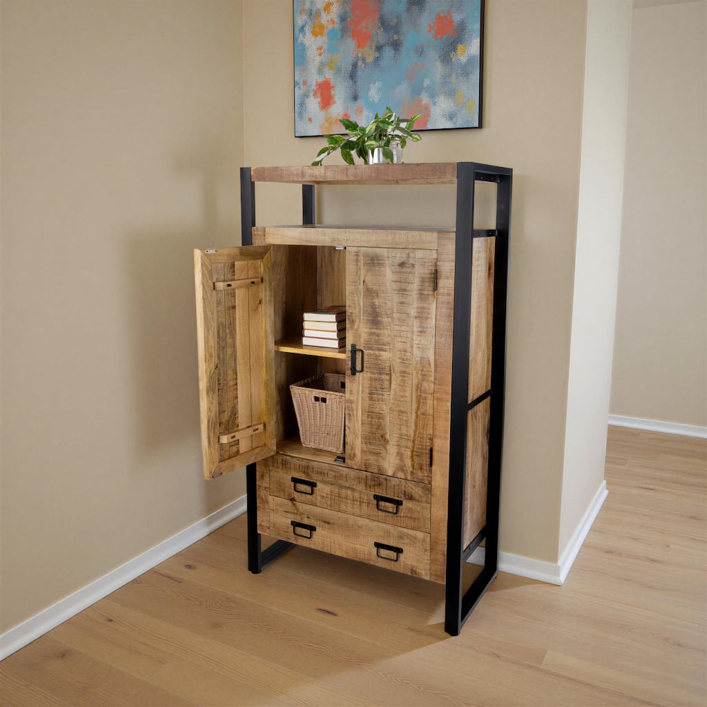 63" Industrial Storage Cabinet Solid Mango Wood and Iron Frame with Two Drawers