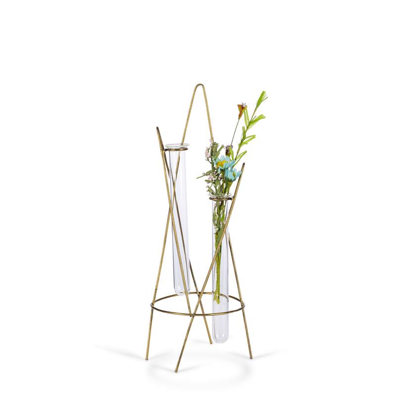 12.6 in H Gold Geometric Glass Vase with Gold Holder