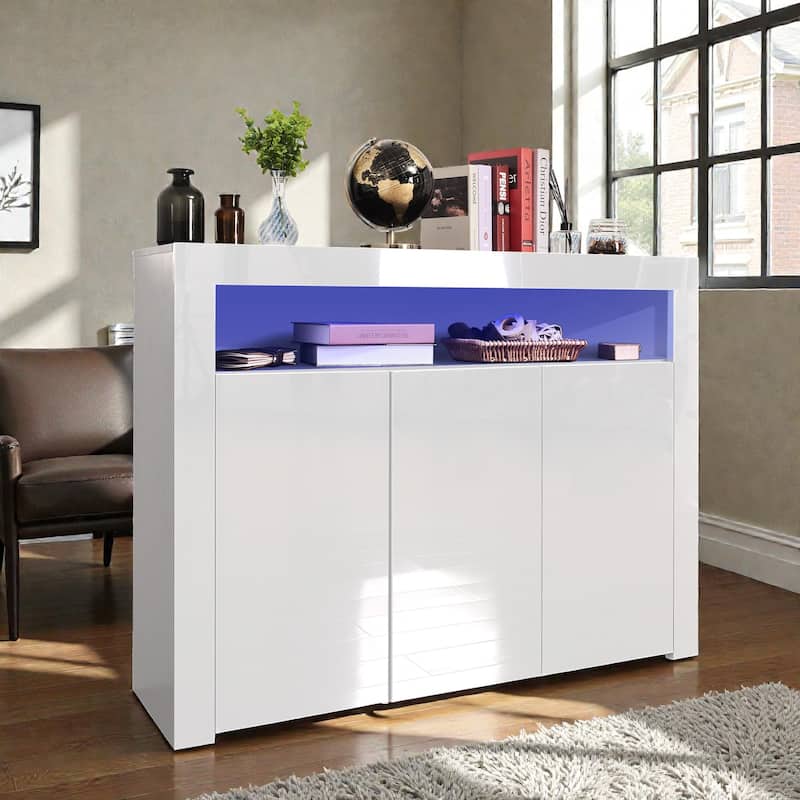 Modern White High Gloss Sideboard with LED Lights, 3 Door Storage Cabinet Buffet TV Stand for Living Room