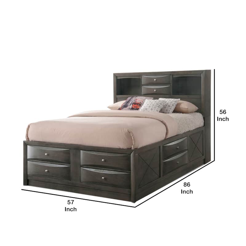 Panel Design Full Size Bed with Bookcase and Drawers, Taupe Brown