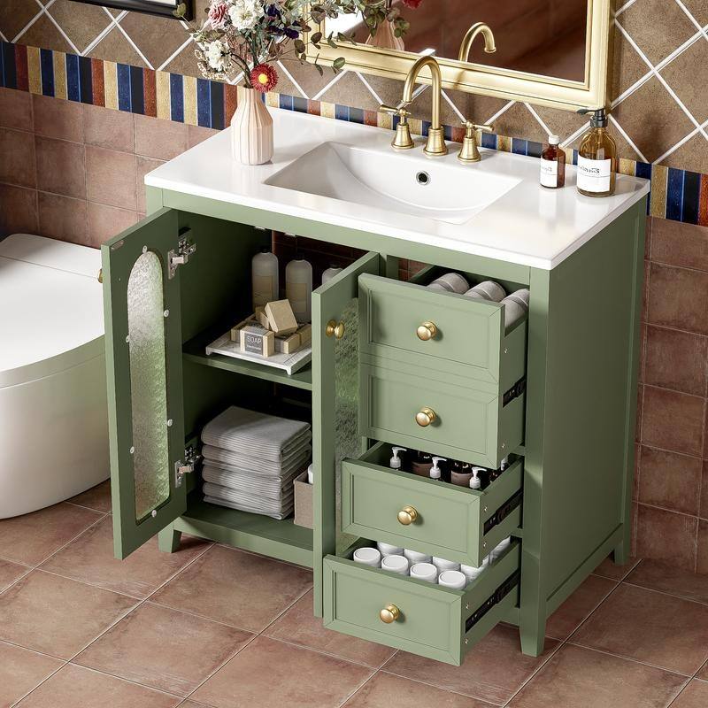 30''/36'' Bathroom Vanity with Sink, 3 Drawers Bathroom Storage Cabinet with Soft-Close Glass Door and Adjustable Shelf