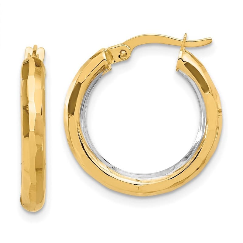 Curata 14k Yellow Gold White Rhodium Polished and Diamond cut Hoop Earrings - 21.75x20.4mm