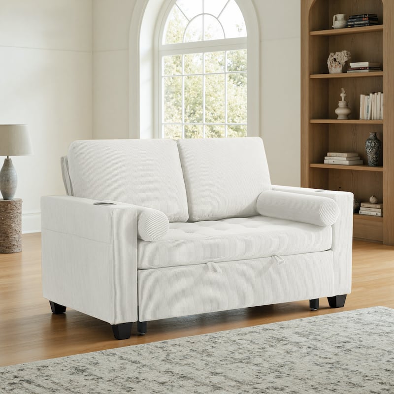 Corduroy Convertible Loveseat Sofa Bed Recliner with Cup Holder, USB Ports