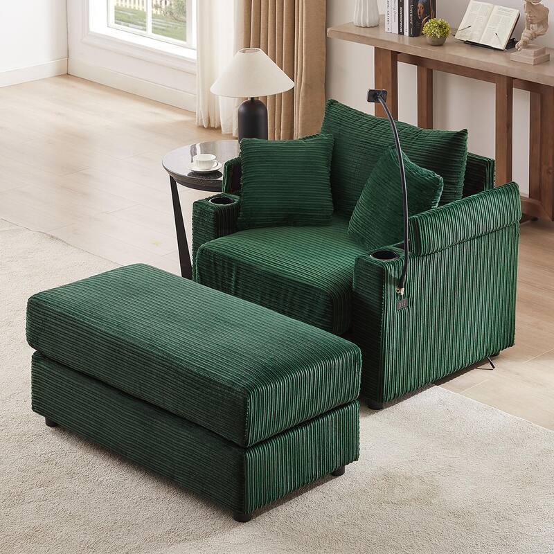 41.7" Modern Green Corduroy Sofa with Storage, Ottoman, USB Ports, Cup Holders & Phone Holder