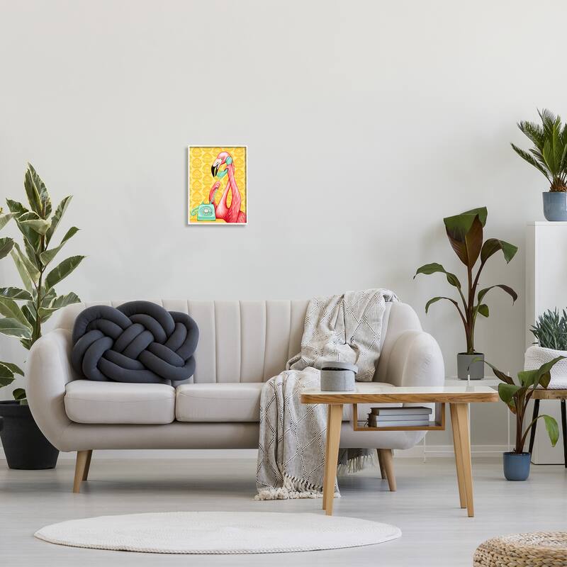 Stupell Flamingo Calling Dial Telephone Groovy Flowers Wallpaper Framed Wall Art, Design by Amelie Legault - Yellow