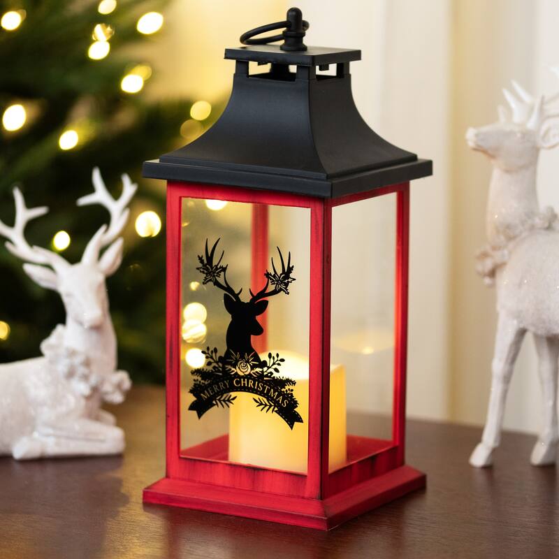 LED Lighted Merry Christmas Deer Flickering Candle Lantern - 13.75"