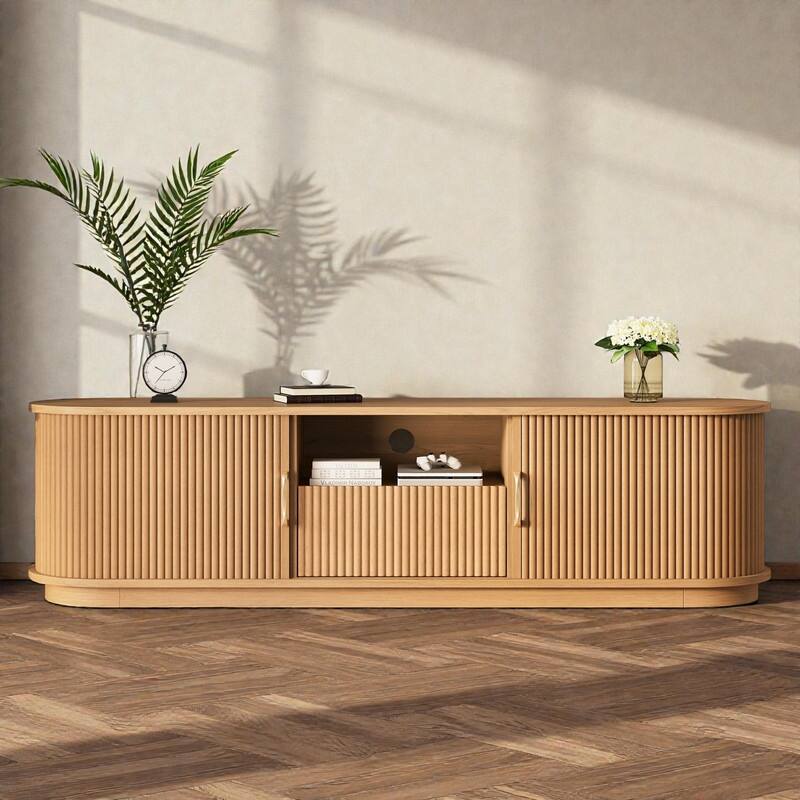 Vintage Rustic TV Stand for TVs up to 75", Sliding Slatted Wood Doors