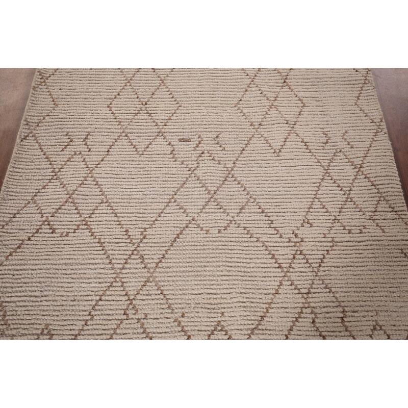 Ivory Trellis Moroccan Oriental Runner Rug Hand-Knotted Wool Carpet - 3'9"x 13'0"