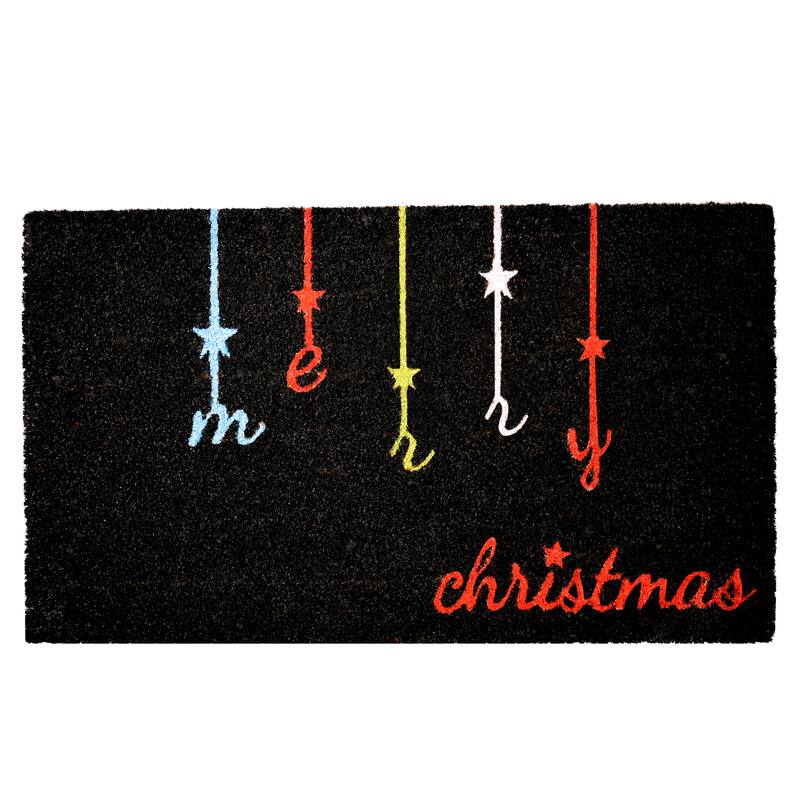 HomeRoots 17" X 29" Black Red And Blue Merry Christmas Outdoor Coir Door Mat - 17.00' X '29.00