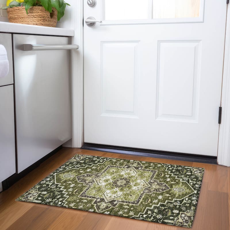 Premium Washable Super Soft Traditional Oriental Mayfield Rug - Olive - 1'8" x 2'6"