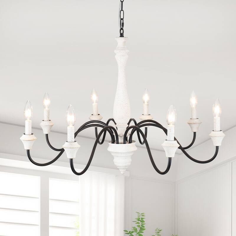 8-Light Vintage Candlestick Hanging Chandelier Lighting for Kitchen Island - Black and White