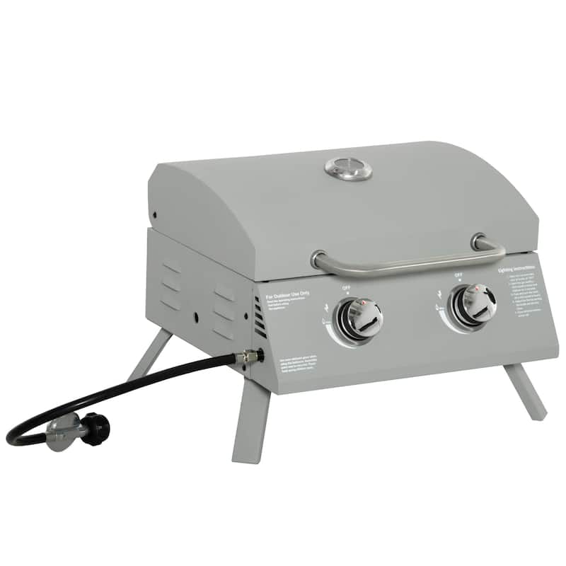 2 Burner Propane Gas Grill Outdoor Portable Tabletop BBQ with Foldable Legs Lid Thermometer, for Camping Picnic, Backyard - Silver