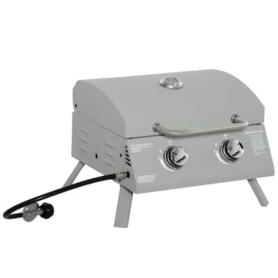 2 Burner Propane Gas Grill Outdoor Portable Tabletop BBQ with Foldable Legs Lid Thermometer, for Camping Picnic, Backyard