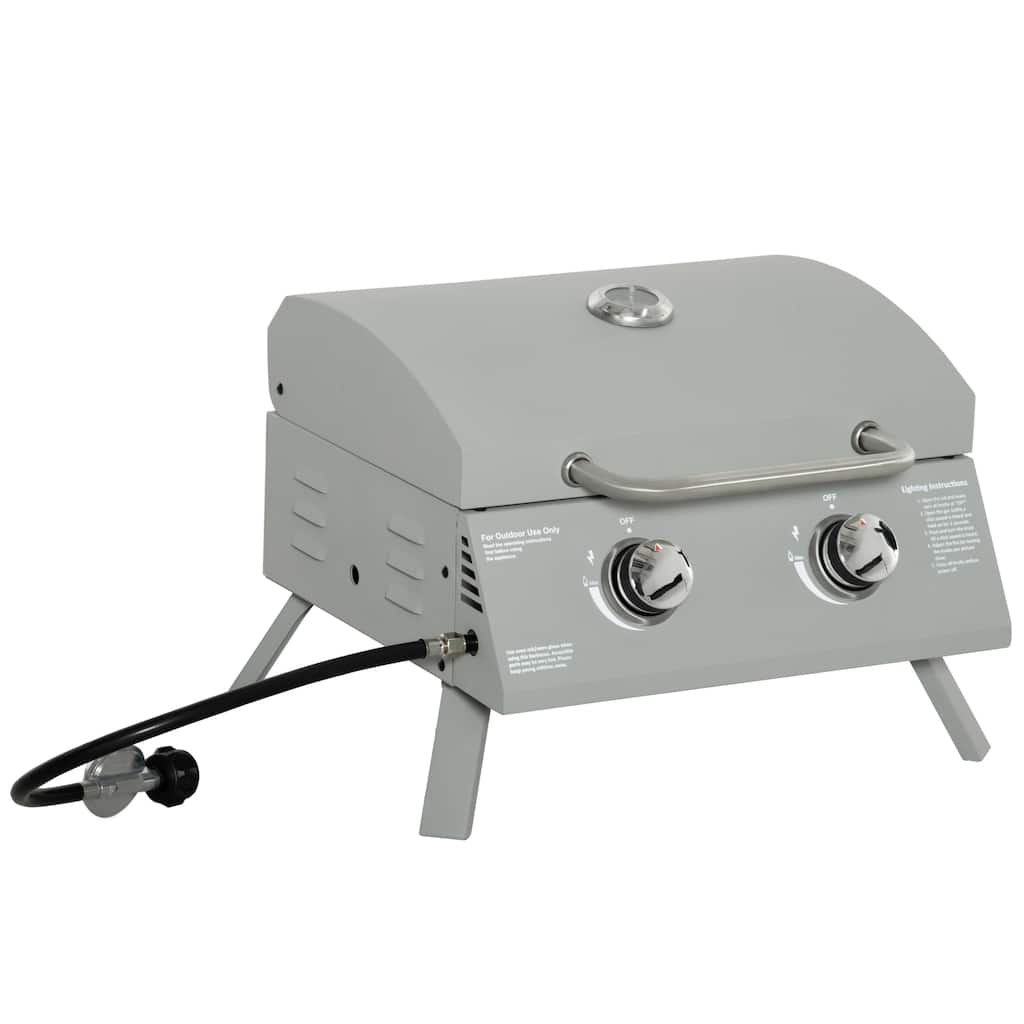 2 Burner Propane Gas Grill Outdoor Portable Tabletop BBQ with Foldable Legs Lid Thermometer, for Camping Picnic, Backyard