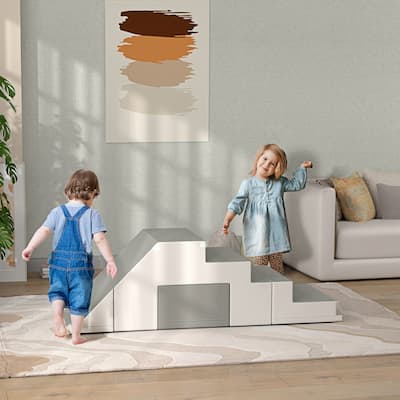 Toddler Soft Play Set 2-Piece Climbing Crawling Sliding Table and Chair Gray Foam Play Gym for Ages 1-3 Years