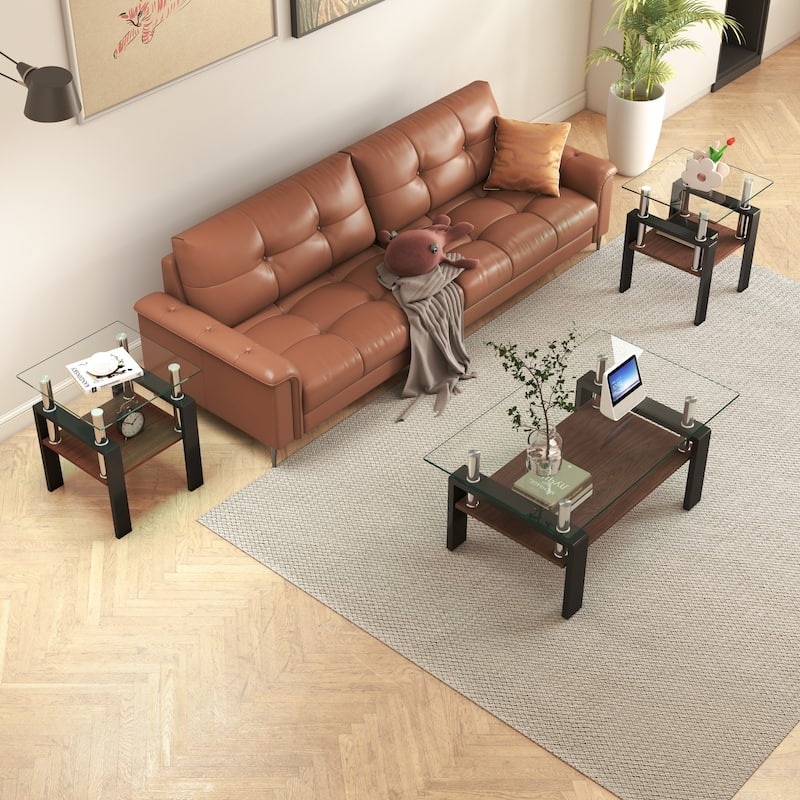 Set of 2 Modern Tempered Glass Tea Table,Tempered Glass Tabletop with MDF Layer,Coffee Table