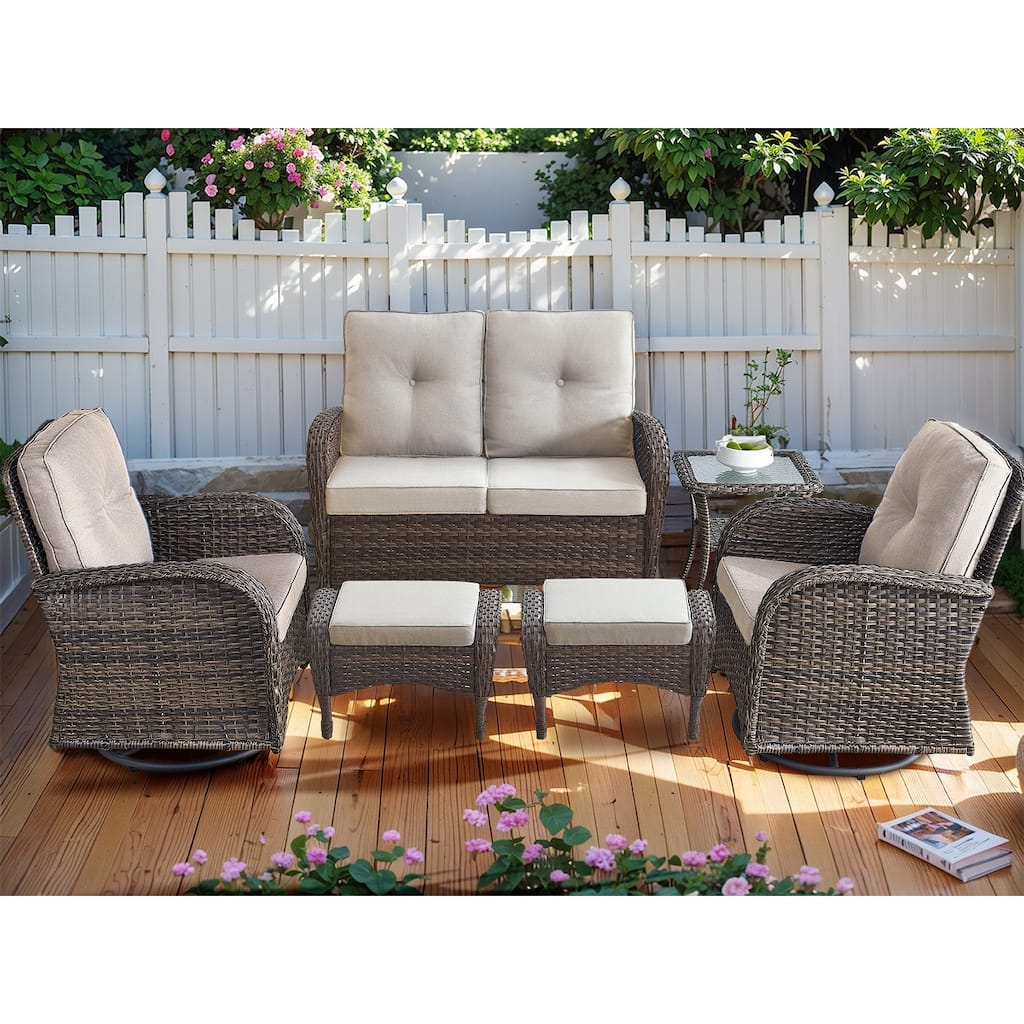 Outdoor Glider Sofa with Swivel Chairs Ottoamns Brown-Beige - Brown