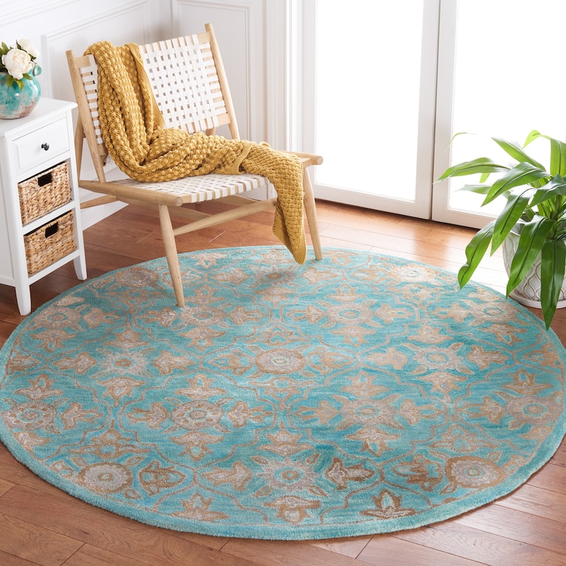 SAFAVIEH Handmade Heritage Peony Damask Traditional Oriental Wool Rug - 6' Round - Turquoise/Multi