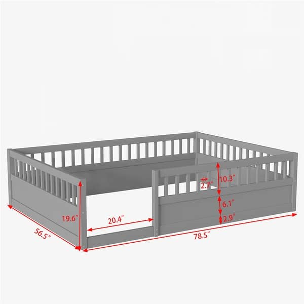 dimension image slide 2 of 3, Full Floor Bed Frame with Fence,Wood Kids Floor Beds Frame for Bedroom