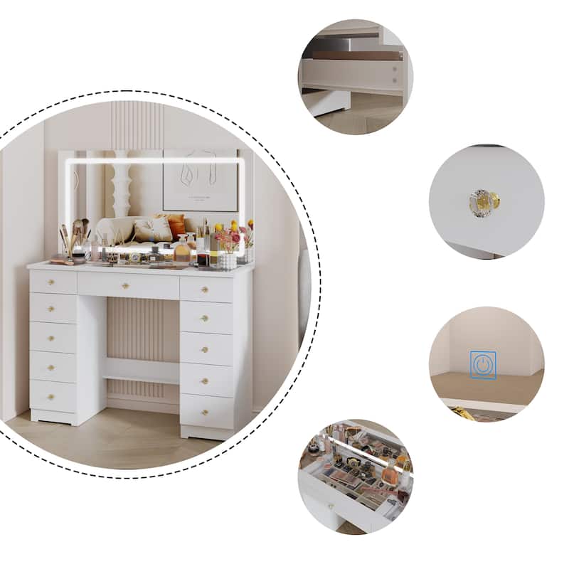 White Vanity Desk with Large LED Lighted Mirror & Glass Tabletop, Makeup Table with 11 Drawers