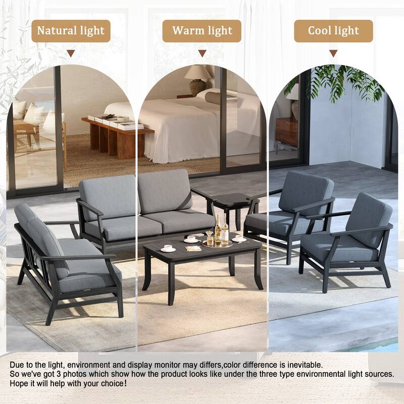 6-Seat Outdoor Teak Wood Patio Conversation Set with Cushions Tables