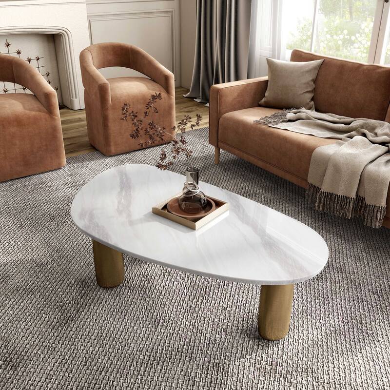 Furniture of America Luvien Modern White Sintered Stone Top Coffee Table with Gold Legs