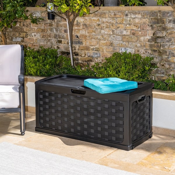 slide 2 of 6, Starplast 88 Gallon Plastic Weave Sit-On Storage Black Deck Box