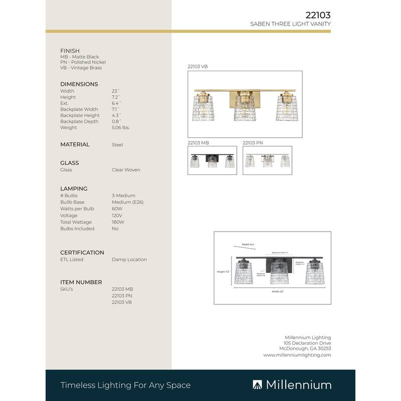 Millennium Lighting Saben 3 Light Vanity Fixture
