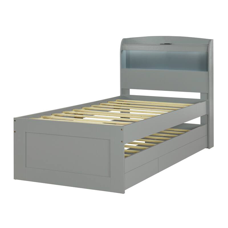Full XL Size Platform Bed with Storage LED Headboard, Charging Station, Twin Size Trundle, and 2 Drawers