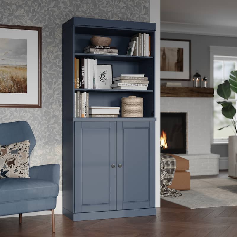 100% Solid Wood 6-Shelf Bookcase with Optional Doors by Palace Imports - 2 Dr Wood - Antique Blue