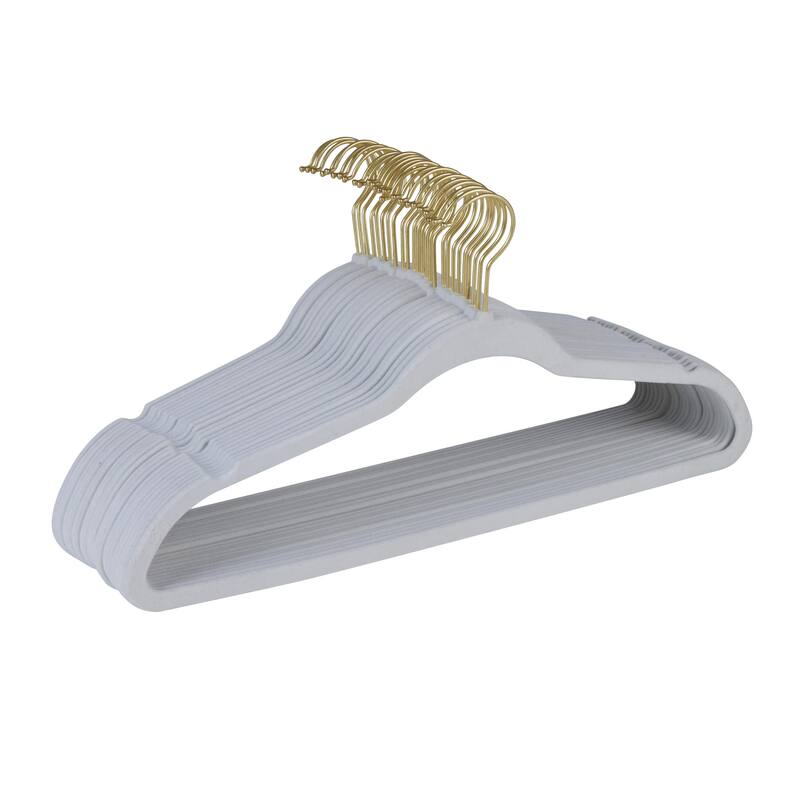 Simplify 25 Pack Slim Velvet Gold Hook Hangers - 17.7" x 9" - White