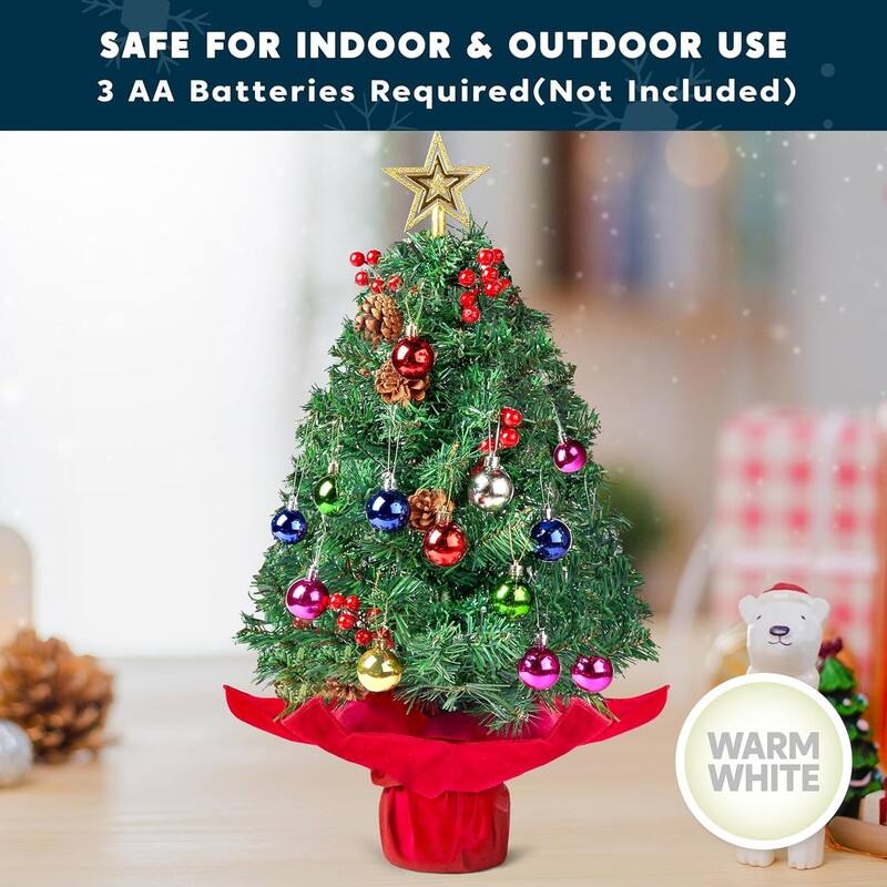 5 in. Tall Green Plastic & Metal Prelit Tabletop Christmas Tree with Color Changing LED Lights - Red