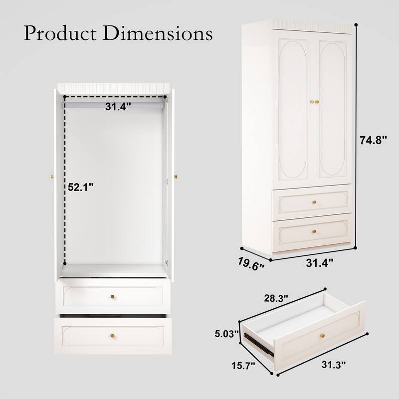 2 Door Armoire Wardrobe Closet, Floor Standing Freestanding Wardrobe Closet with 2 Big Drawers for Bedroom